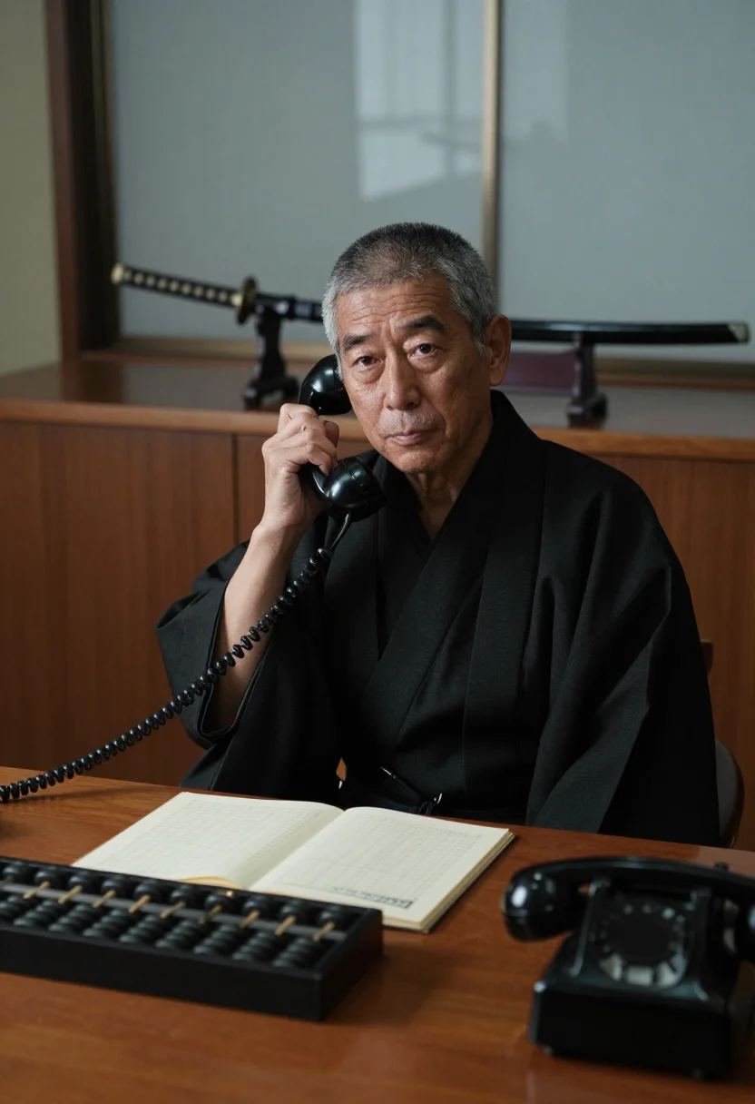AI oyabun sample — portrait of a man, a Japanese man in his early sixties with