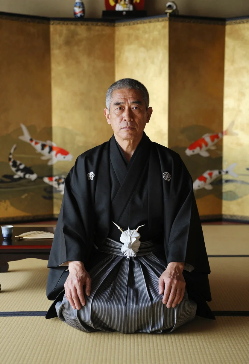AI oyabun sample — portrait of a man, a Japanese man in his early sixties with