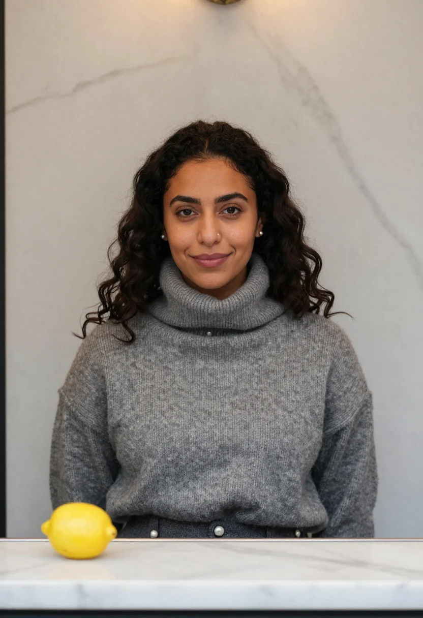 AI oyster bar paris january lemon sample — portrait of a woman, framed tight, head and shoulders, the b