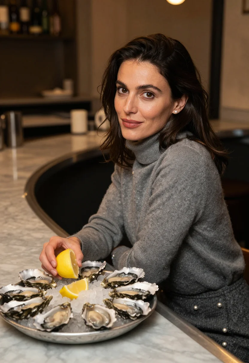 AI oyster bar paris january lemon sample — portrait of a woman, framed chest-up, the crop at the ribs,