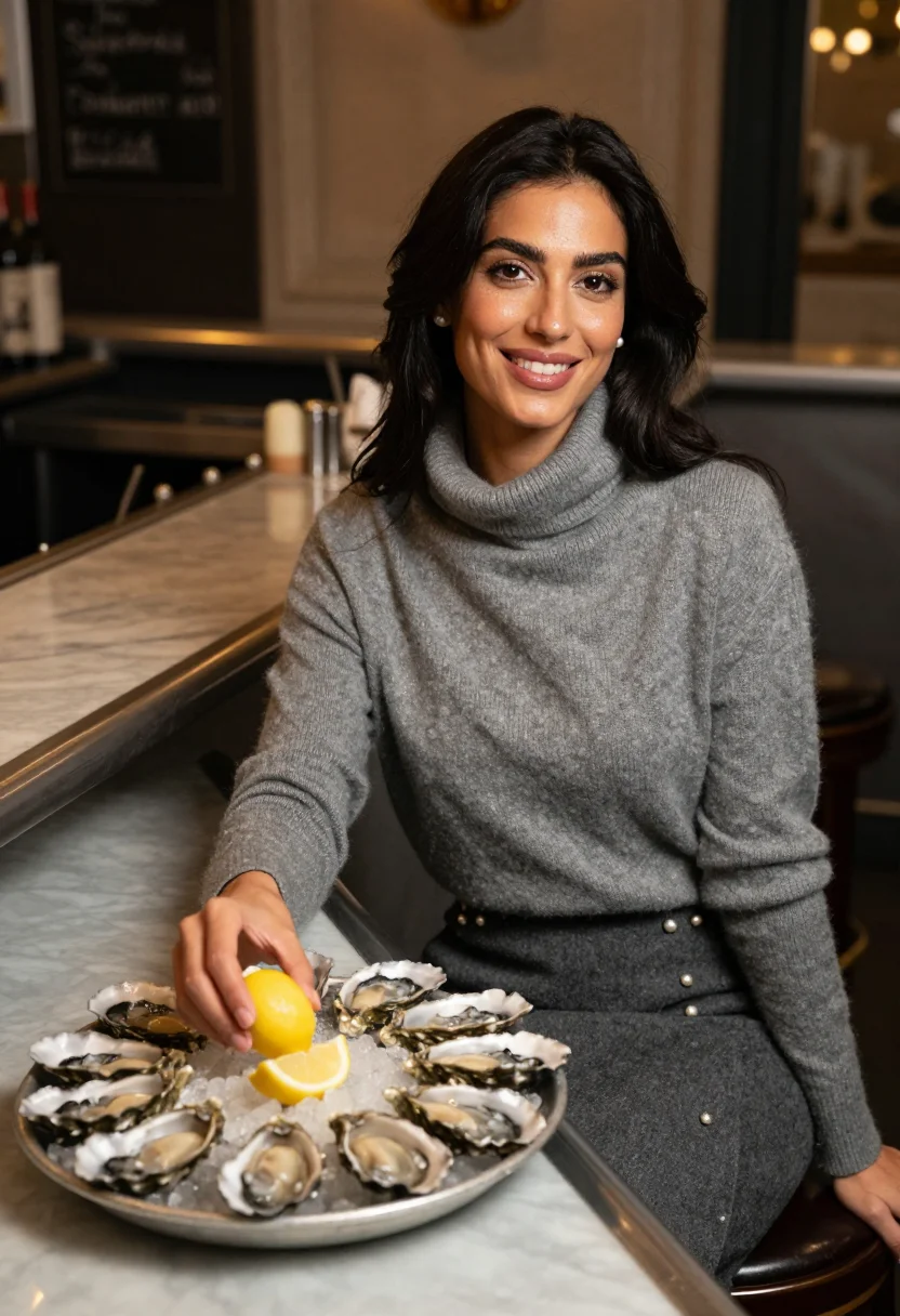 AI oyster bar paris january lemon sample — portrait of a woman, framed half-length from the waist up, t