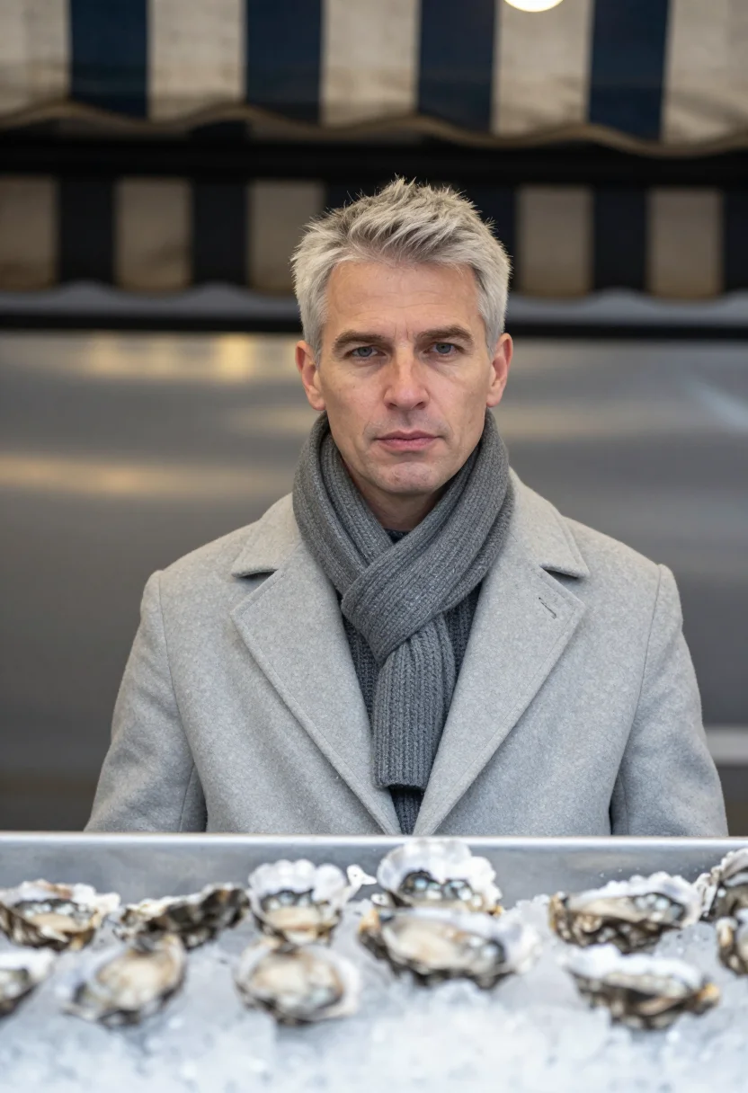 AI oyster stall pearl sample — portrait of a man, framed as a tight headshot from the crown
