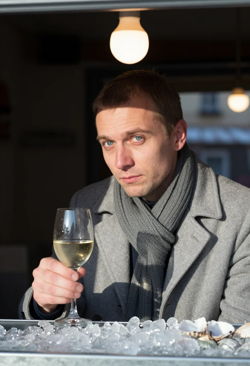 AI oyster stall pearl sample — portrait of a man, framed as a tight headshot from the crown