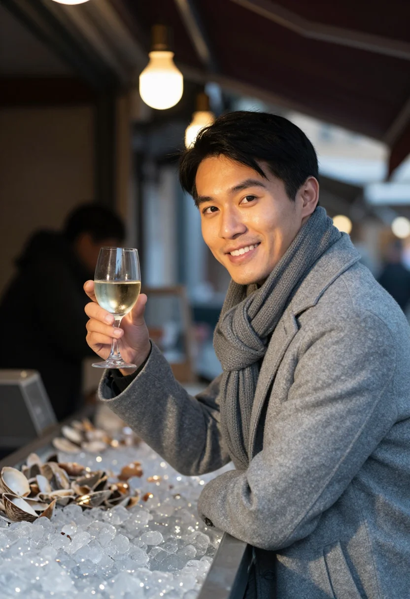 AI oyster stall pearl sample — portrait of a man, framed chest-up from the ribs with the bo