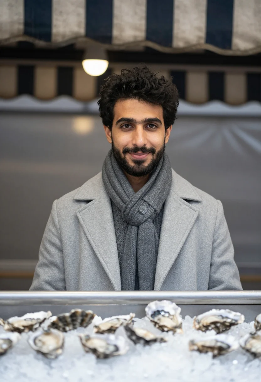 AI oyster stall pearl sample — portrait of a man, framed head and shoulders, tighter, the b