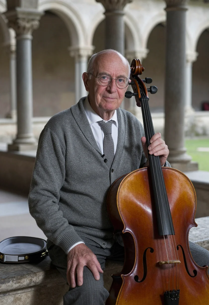 AI pablo casals prades november grey sample — portrait of a man, framed chest-up, cropped at the ribs, the