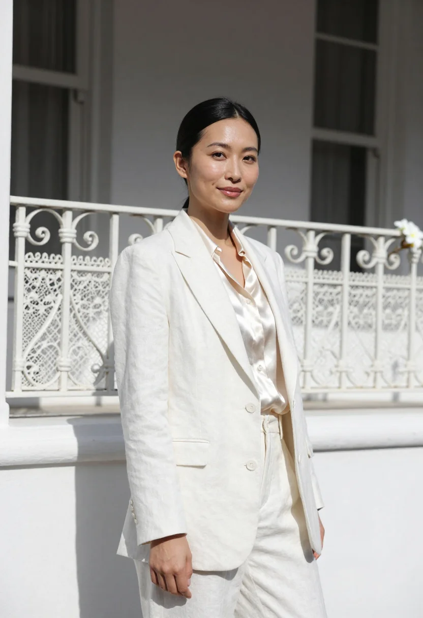 AI paddington fashion designer iron lace white sample — portrait of a woman, a fashion designer of Japanese descent