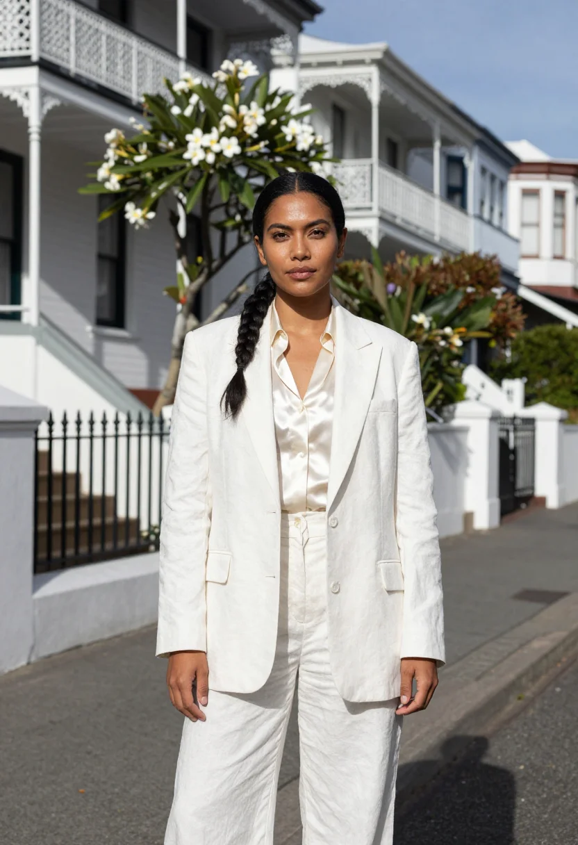 AI paddington fashion designer iron lace white sample — portrait of a woman, a fashion designer of Samoan descent in