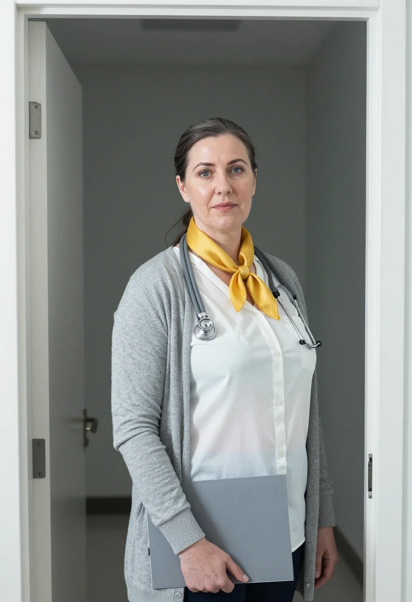 AI paediatrician yellow accent sample — portrait of a woman, framed half-length, cropped at the wais