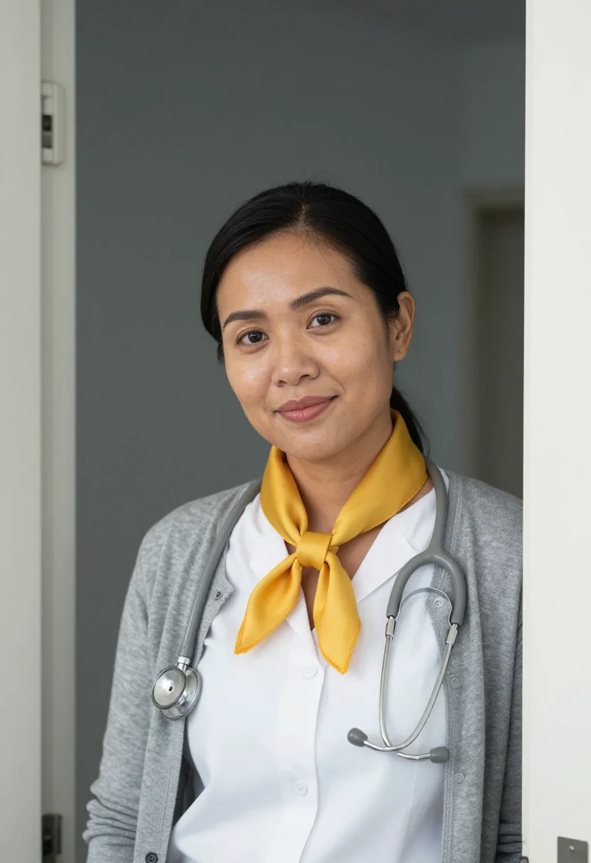 AI paediatrician yellow accent sample — portrait of a woman, framed tight, head and shoulders, the b