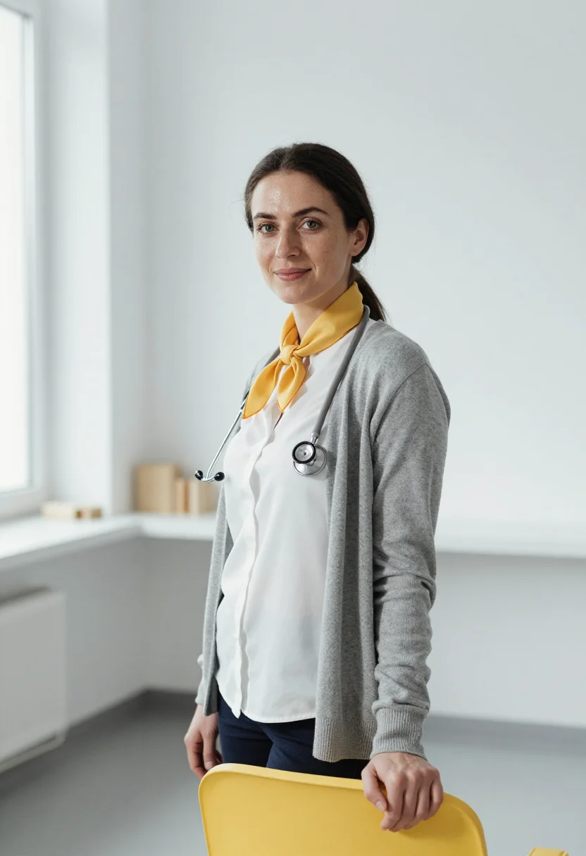 AI paediatrician yellow accent sample — portrait of a woman, framed three-quarter length, cropped at