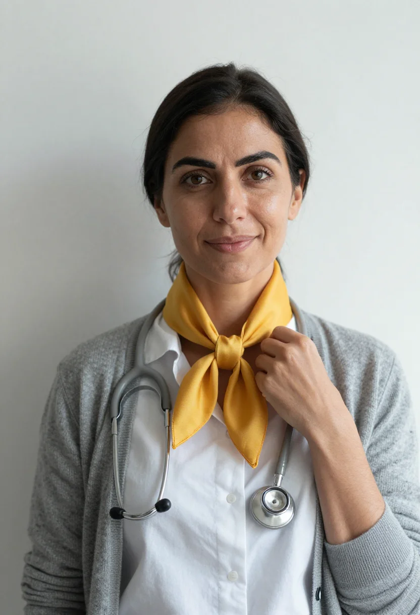 AI paediatrician yellow accent sample — portrait of a woman, framed chest-up, cropped at the ribs, t