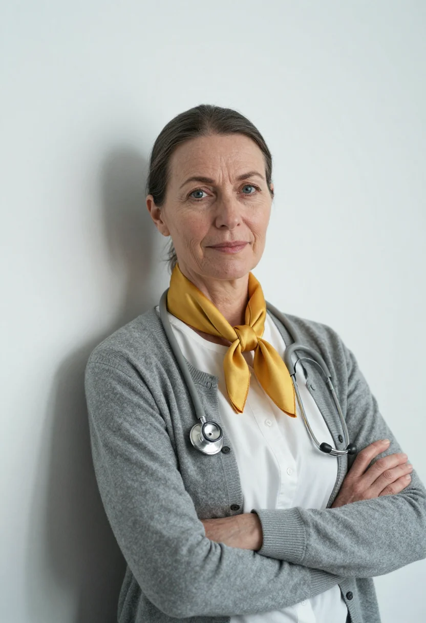 AI paediatrician yellow accent sample — portrait of a woman, framed half-length, cropped at the wais