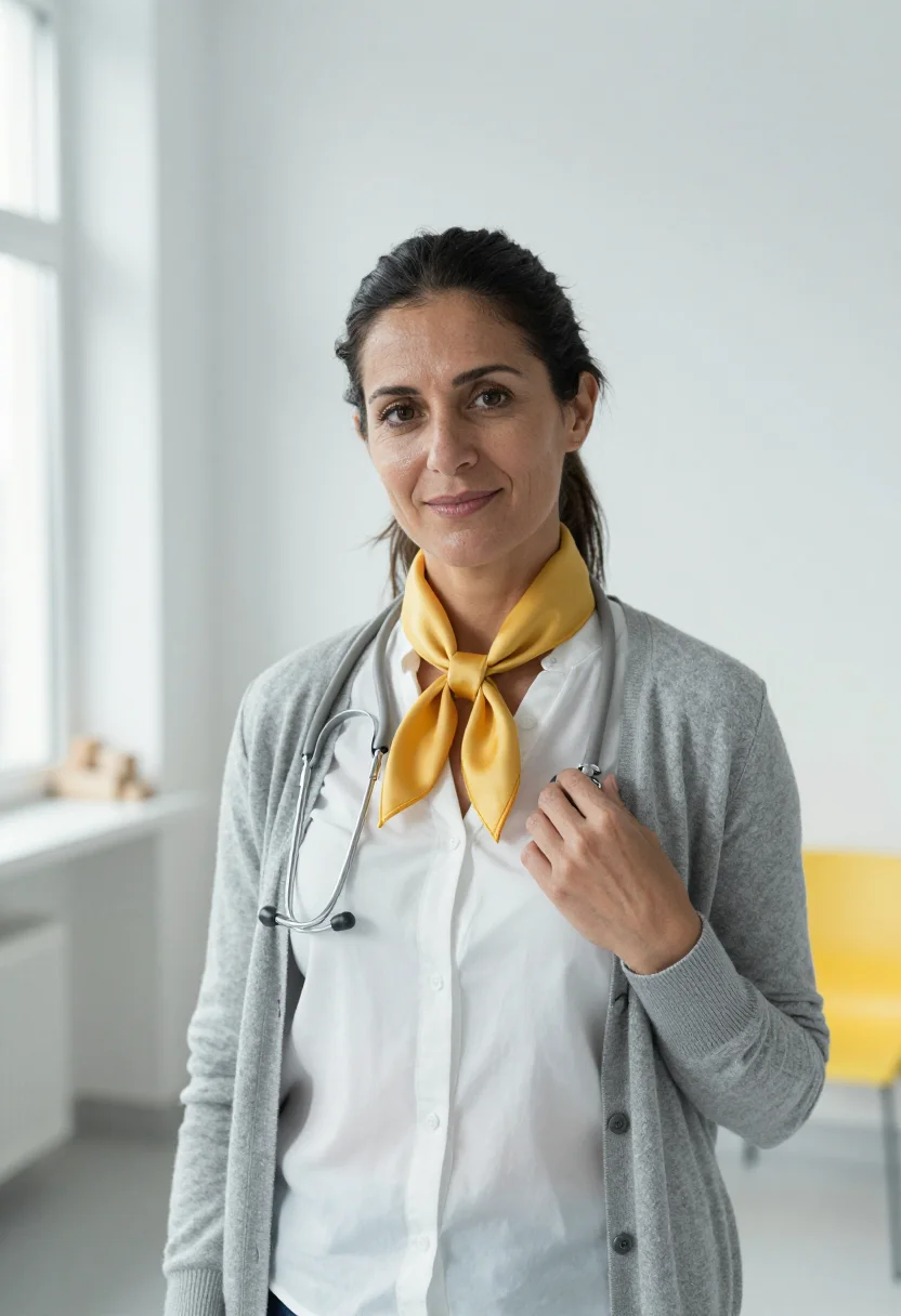 AI paediatrician yellow accent sample — portrait of a woman, framed chest-up, cropped at the ribs, t
