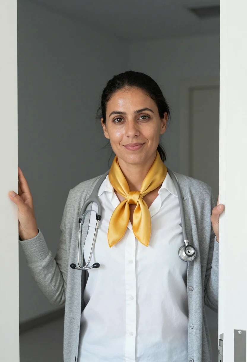 AI paediatrician yellow accent sample — portrait of a woman, framed chest-up, cropped at the ribs, t