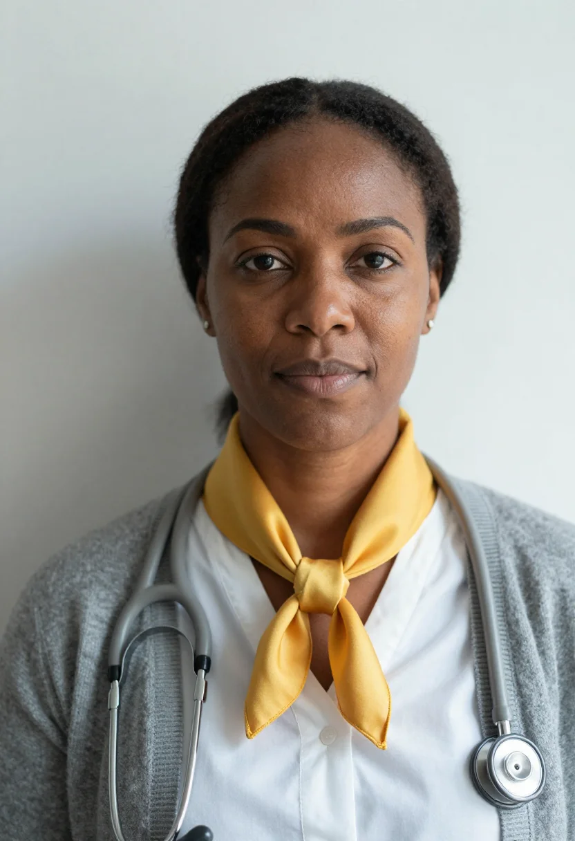 AI paediatrician yellow accent sample — portrait of a woman, framed tight, head and shoulders, the b