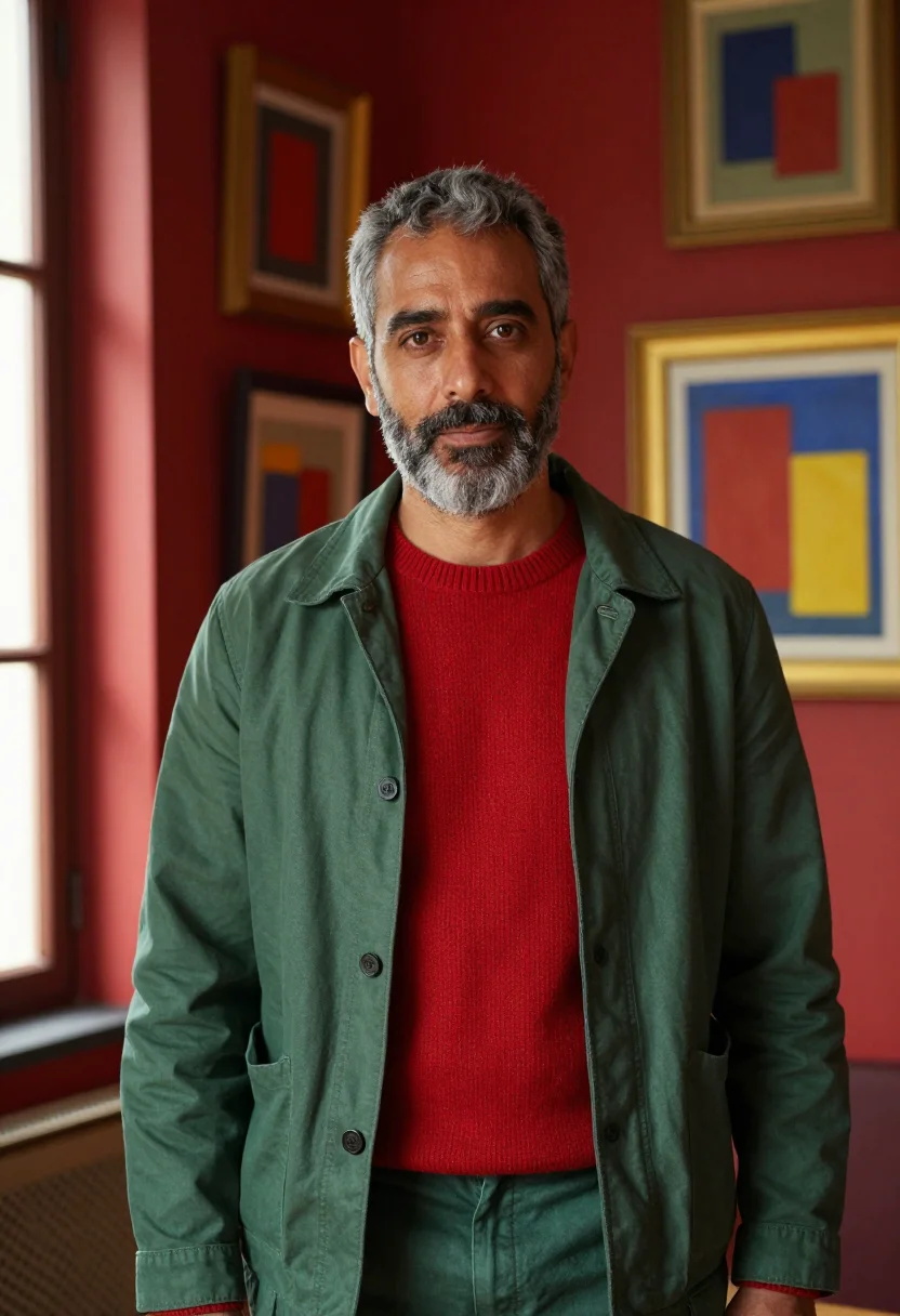 AI pain and glory madrid apartment red green palette sample — portrait of a man, a Madrid man in his mid-forties with tann