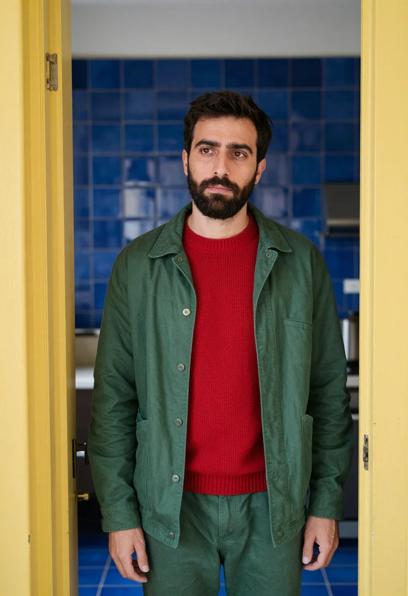 AI pain and glory madrid apartment red green palette sample — portrait of a man, an Italian man in his early forties with