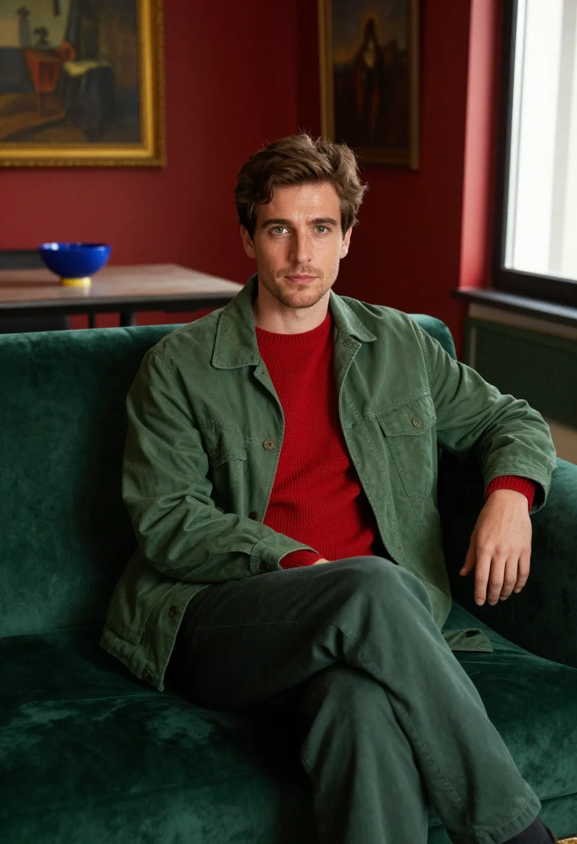 AI pain and glory madrid apartment red green palette sample — portrait of a man, a Catalan man in his late twenties with f