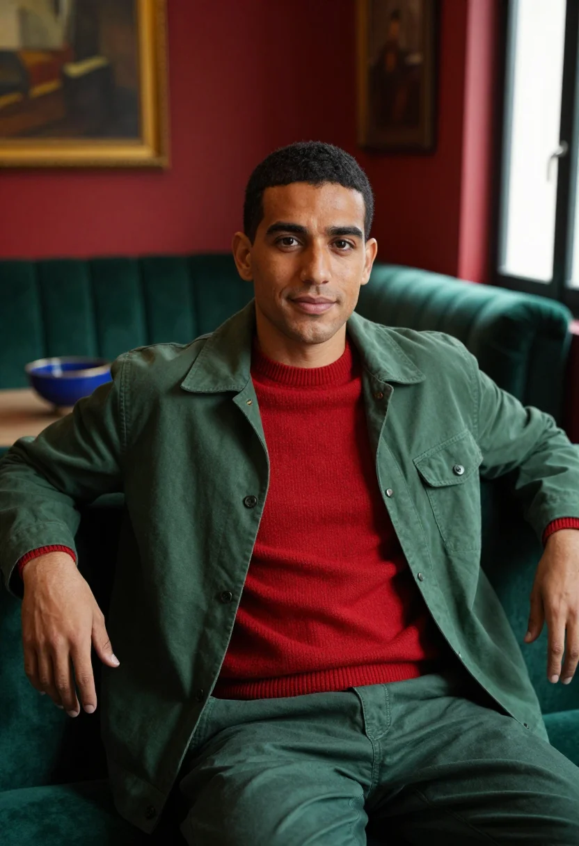 AI pain and glory madrid apartment red green palette sample — portrait of a man, a Spanish man of Moroccan descent in his