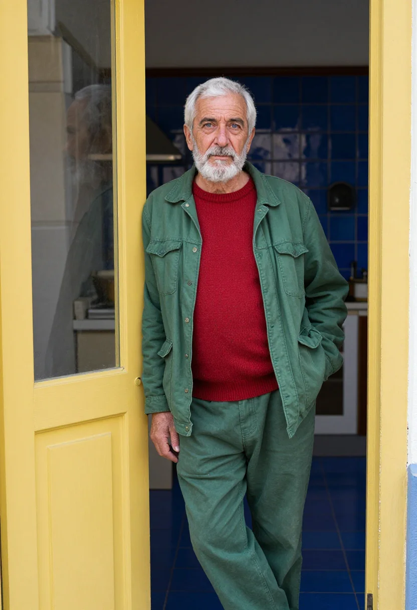 AI pain and glory madrid apartment red green palette sample — portrait of a man, a Galician man in his early sixties with