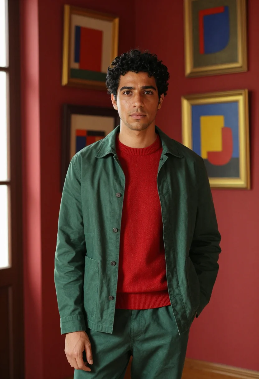 AI pain and glory madrid apartment red green palette sample — portrait of a man, an Andalusian man in his early thirties w