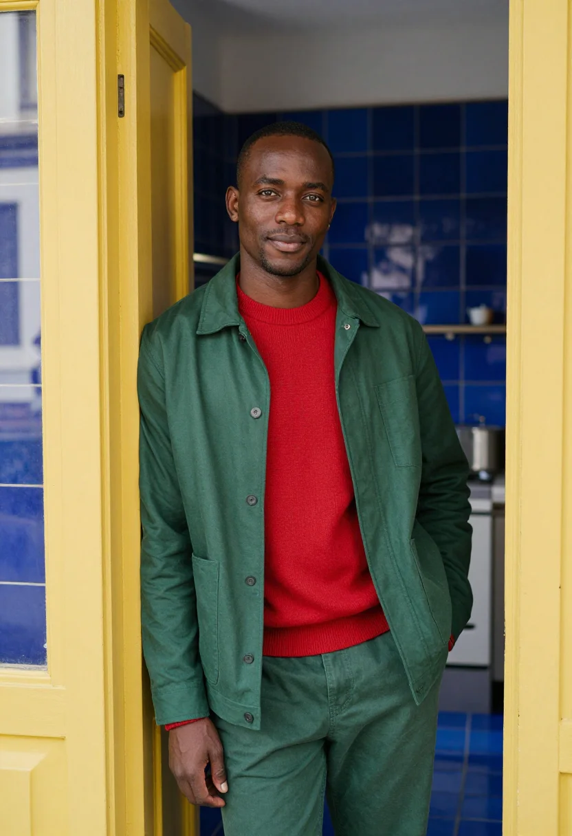 AI pain and glory madrid apartment red green palette sample — portrait of a man, a Black Spanish man of Equatoguinean desc