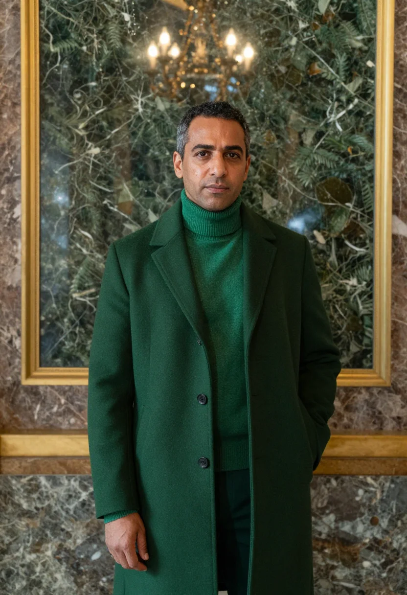AI palace lobby concorde forest green sample — portrait of a man, framed half-length from the waist up agai