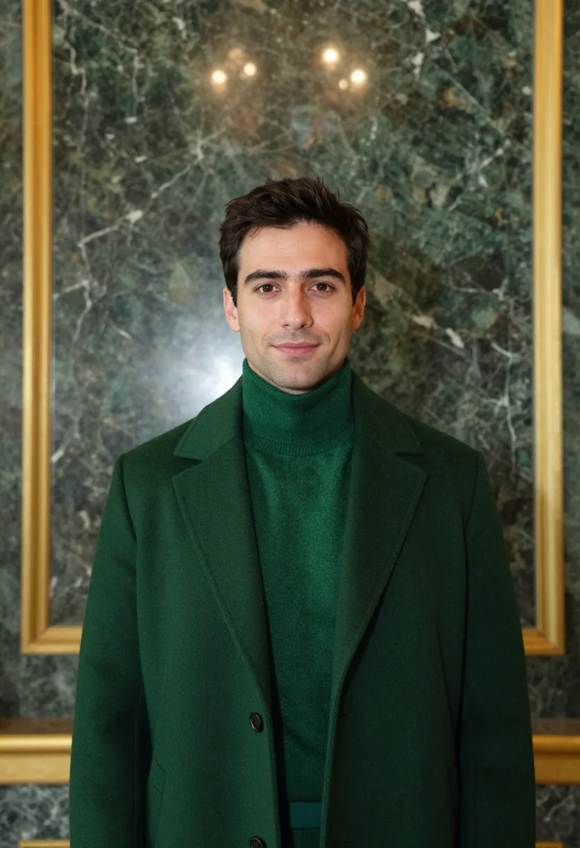 AI palace lobby concorde forest green sample — portrait of a man, framed tight, head and shoulders, the bod