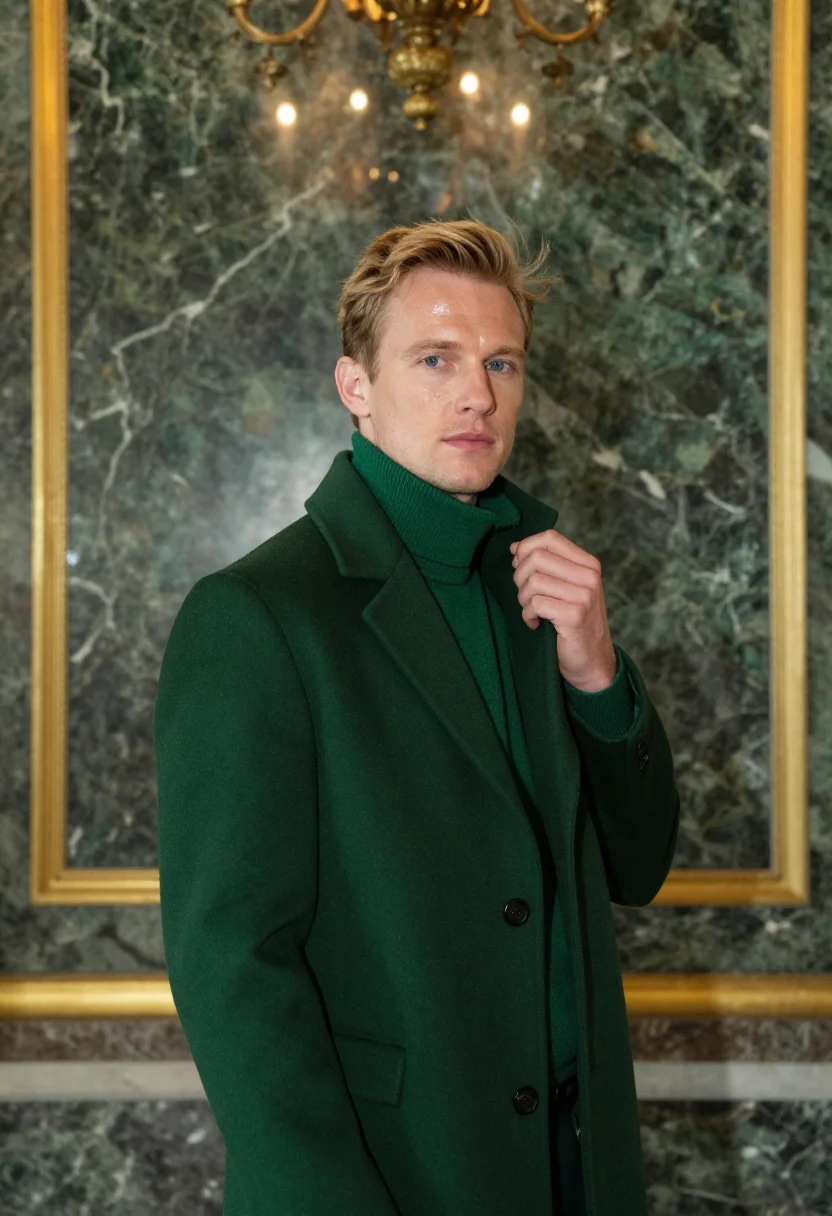 AI palace lobby concorde forest green sample — portrait of a man, framed chest-up from the ribs, the body c