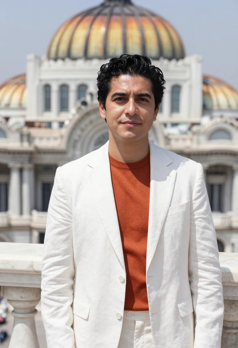 AI palacio bellas artes director white marble copper sample — portrait of a man, a Mexican arts director in his mid-thirti