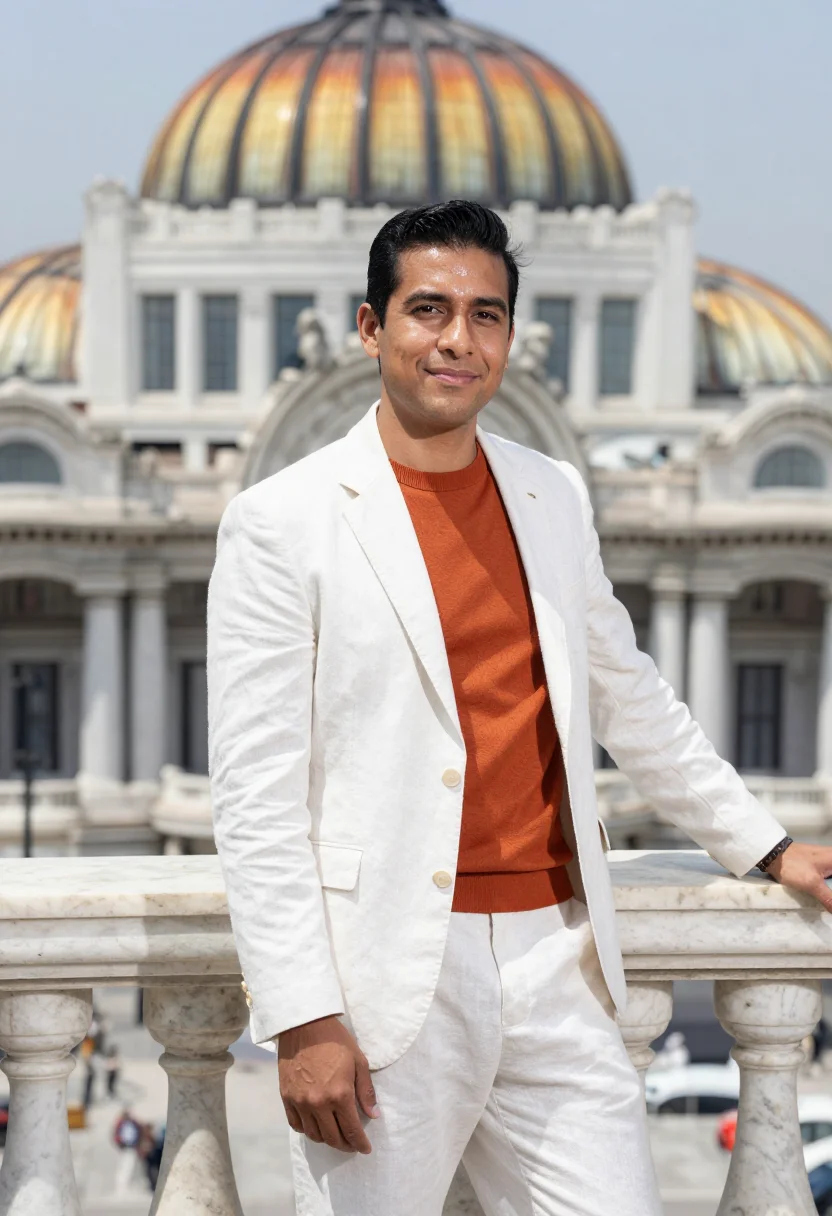 AI palacio bellas artes director white marble copper sample — portrait of a man, a Mexican arts director in his early thir