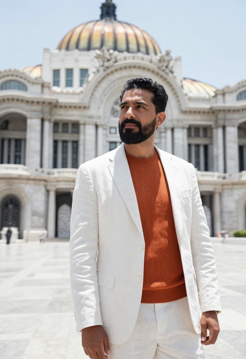 AI palacio bellas artes director white marble copper sample — portrait of a man, a Mexican arts director in his late forti