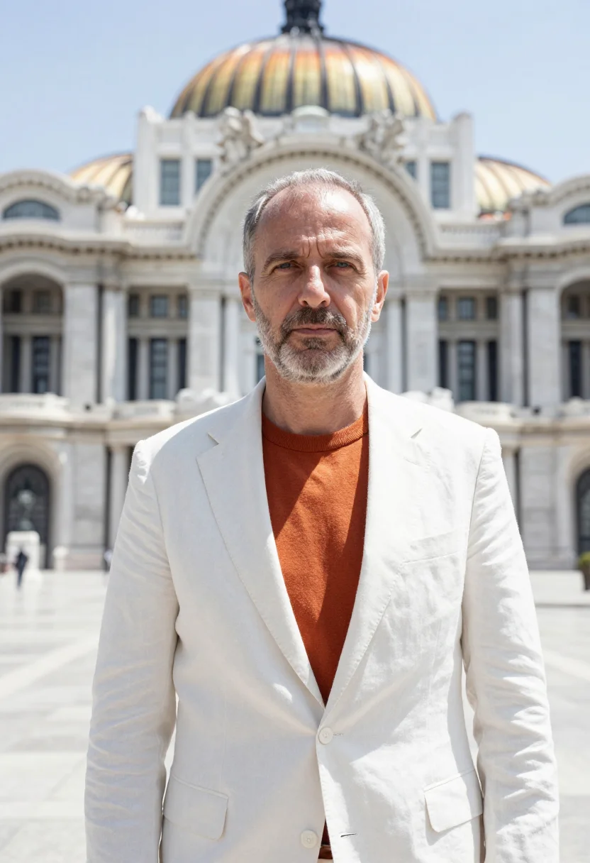 AI palacio bellas artes director white marble copper sample — portrait of a man, an Argentine arts director in his early f