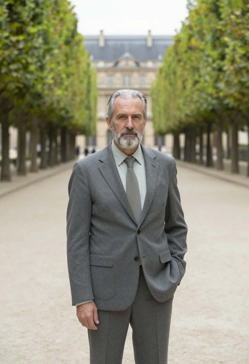 AI palais royal senior civil servant stone lime sample — portrait of a man, in his sixties, with fair skin, green eye