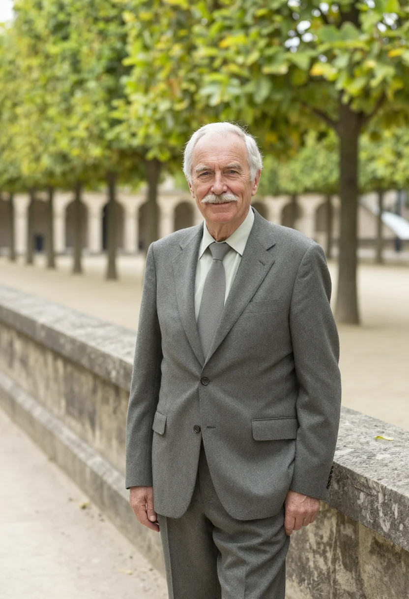 AI palais royal senior civil servant stone lime sample — portrait of a man, in his sixties, with ruddy fair skin, blu