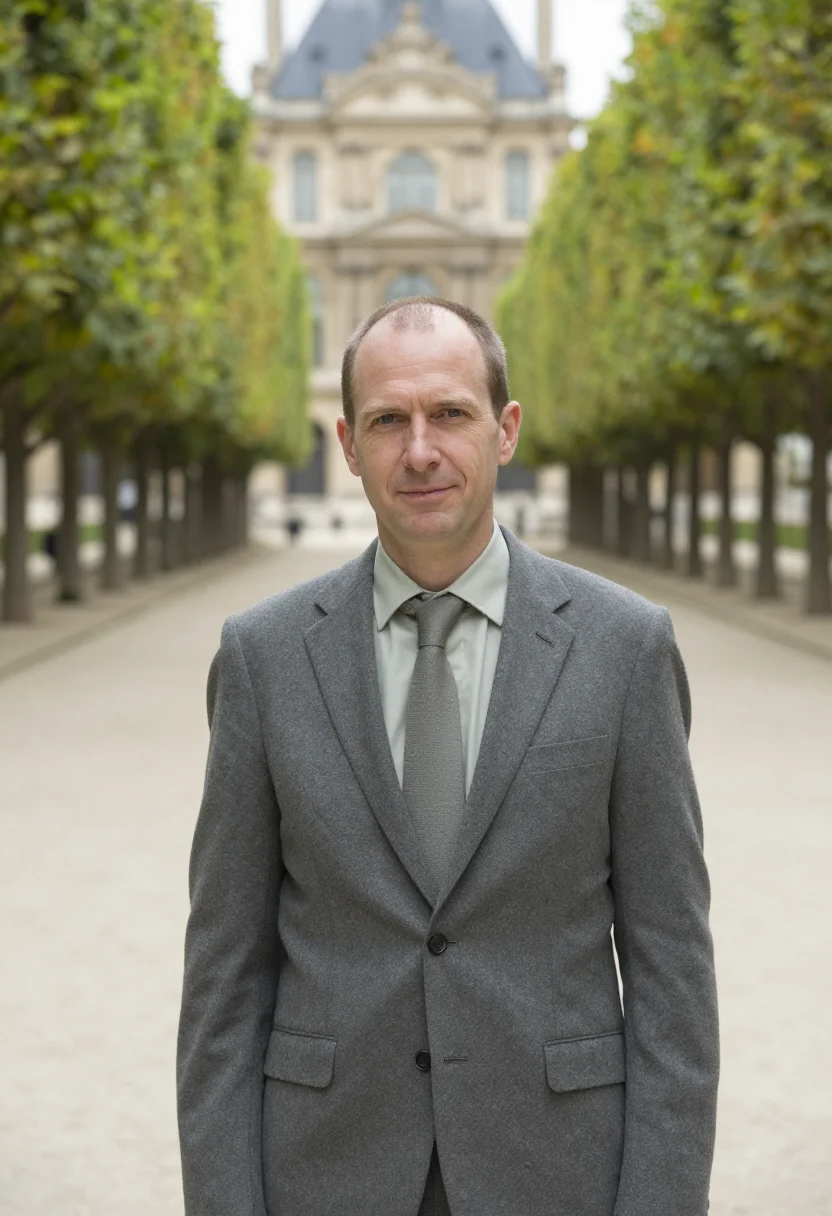 AI palais royal senior civil servant stone lime sample — portrait of a man, in his late forties, with fair skin, blue