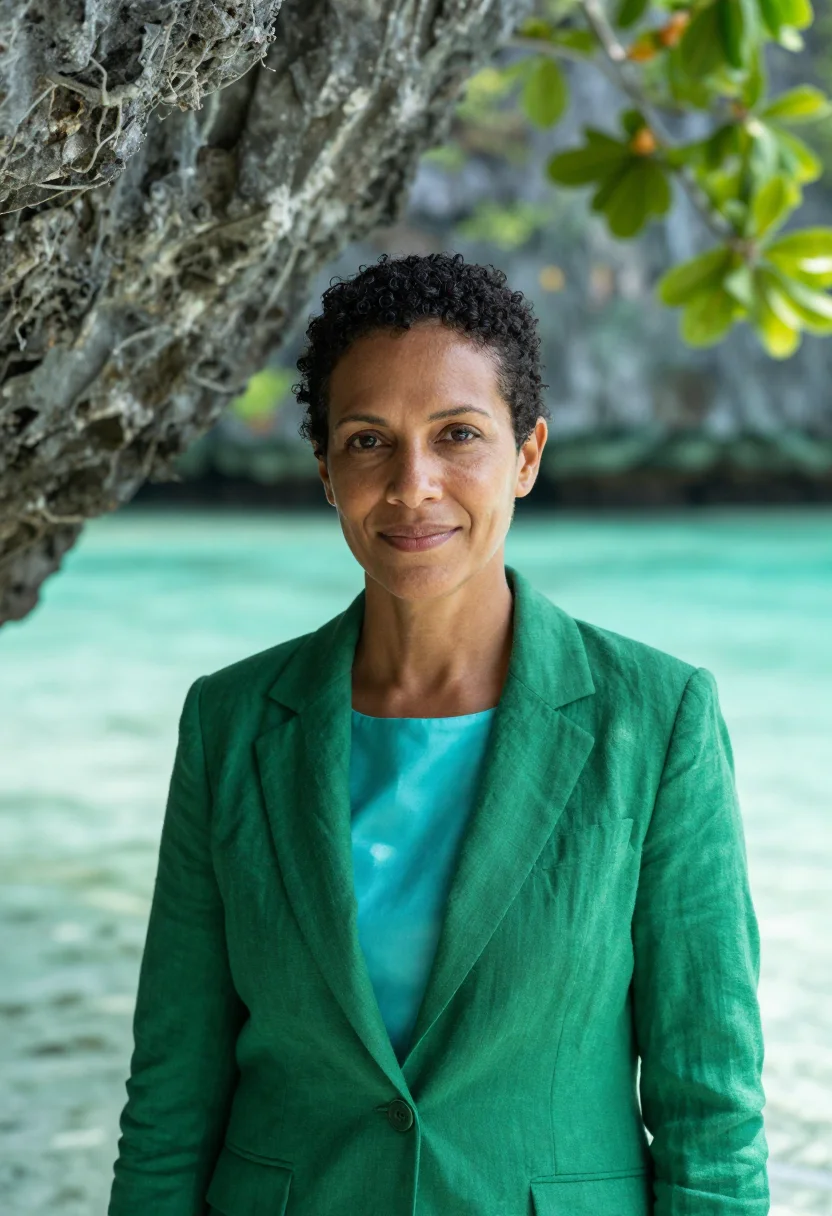 AI palau marine geologist rock islands emerald sample — portrait of a woman, a marine geologist in her mid-thirties