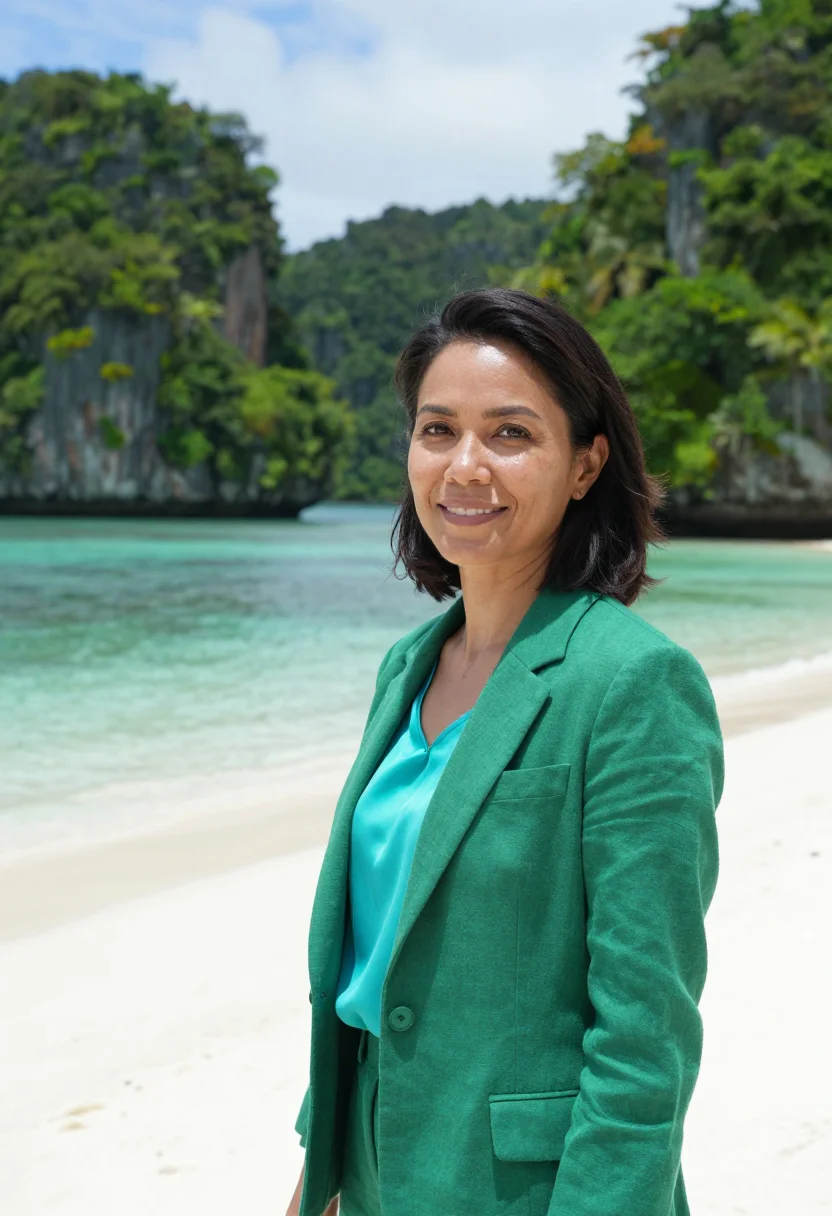AI palau marine geologist rock islands emerald sample — portrait of a woman, a marine geologist in her early forties