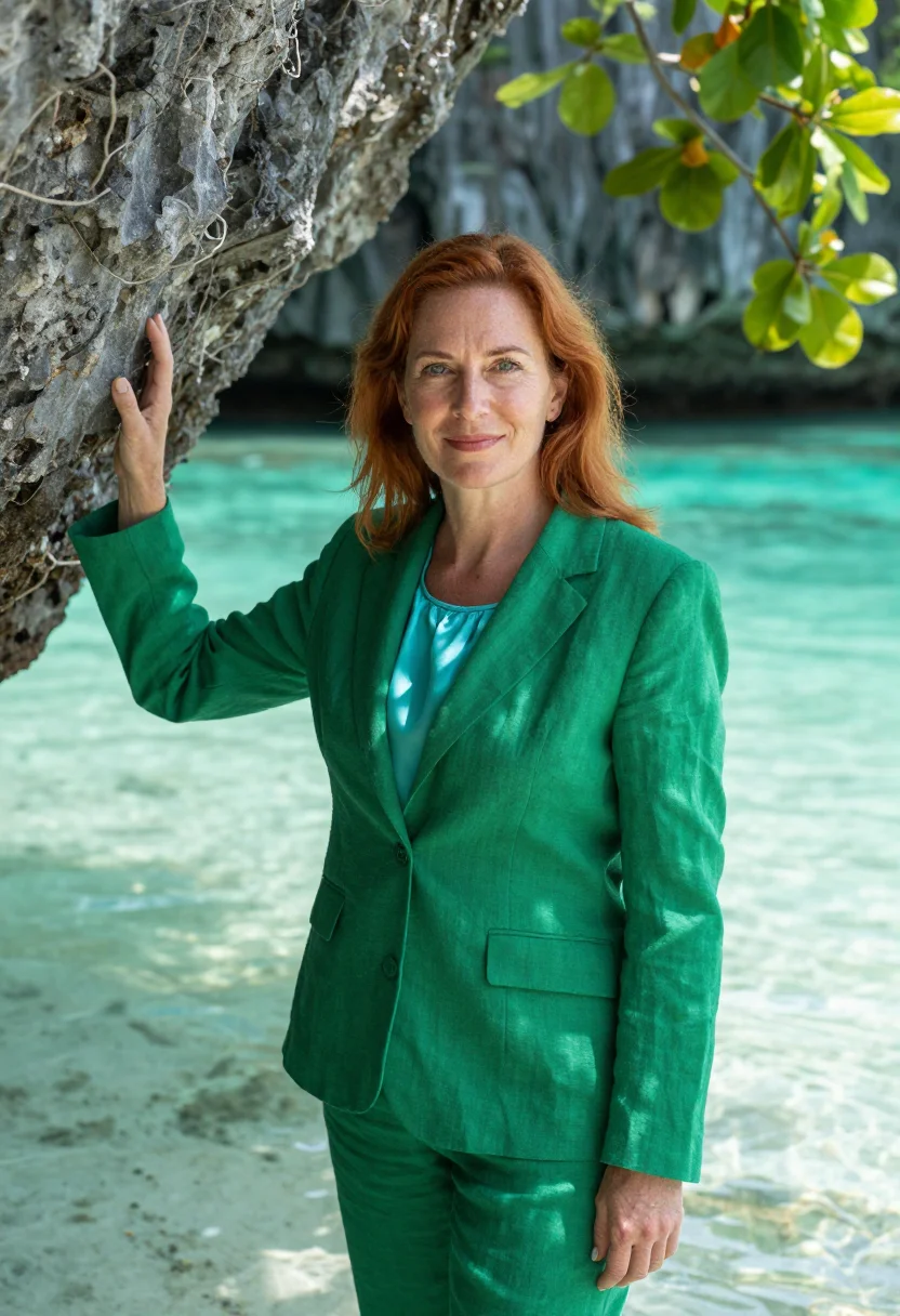 AI palau marine geologist rock islands emerald sample — portrait of a woman, a marine geologist in her late forties
