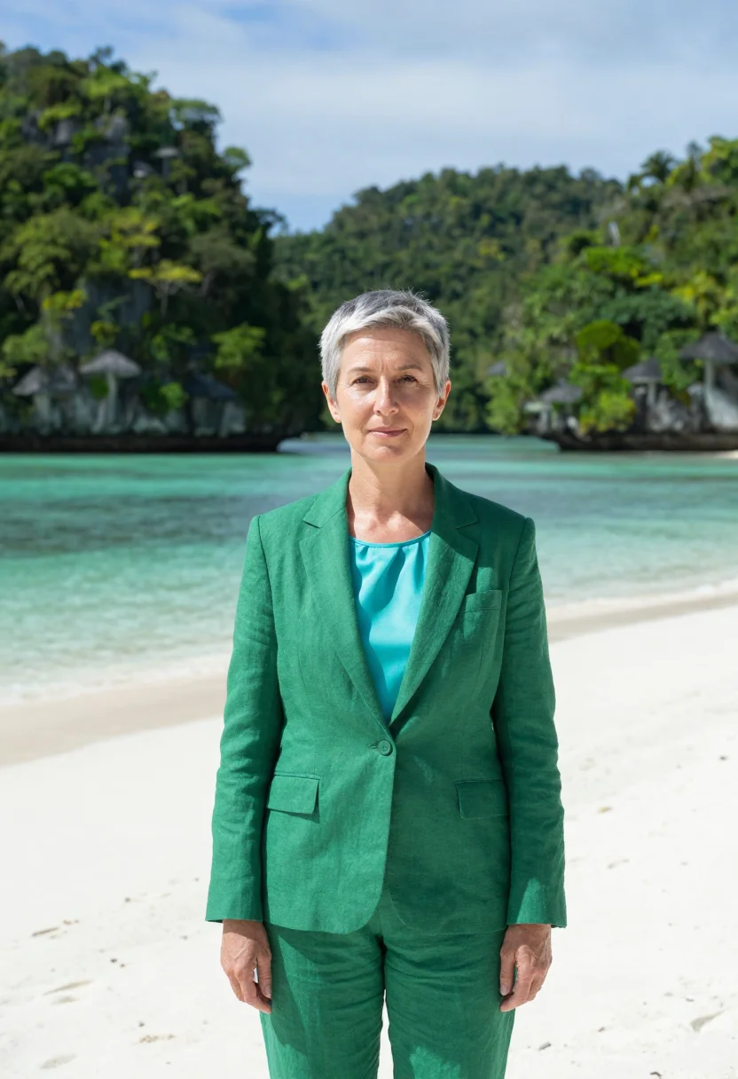 AI palau marine geologist rock islands emerald sample — portrait of a woman, a marine geologist in her mid-fifties w