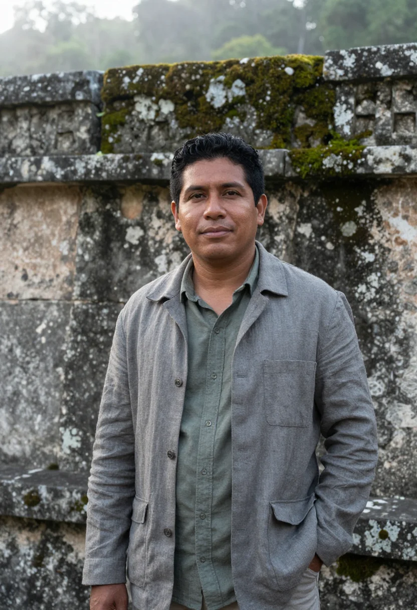 AI palenque archaeologist grey limestone rainforest sample — portrait of a man, a Yucatec Maya archaeologist in his mid-t