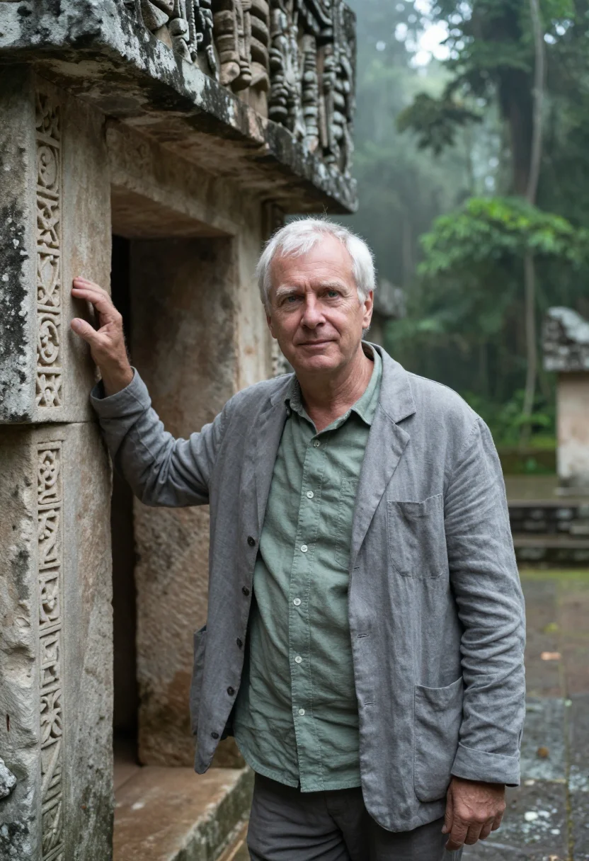 AI palenque archaeologist grey limestone rainforest sample — portrait of a man, a German archaeologist in his mid-sixties