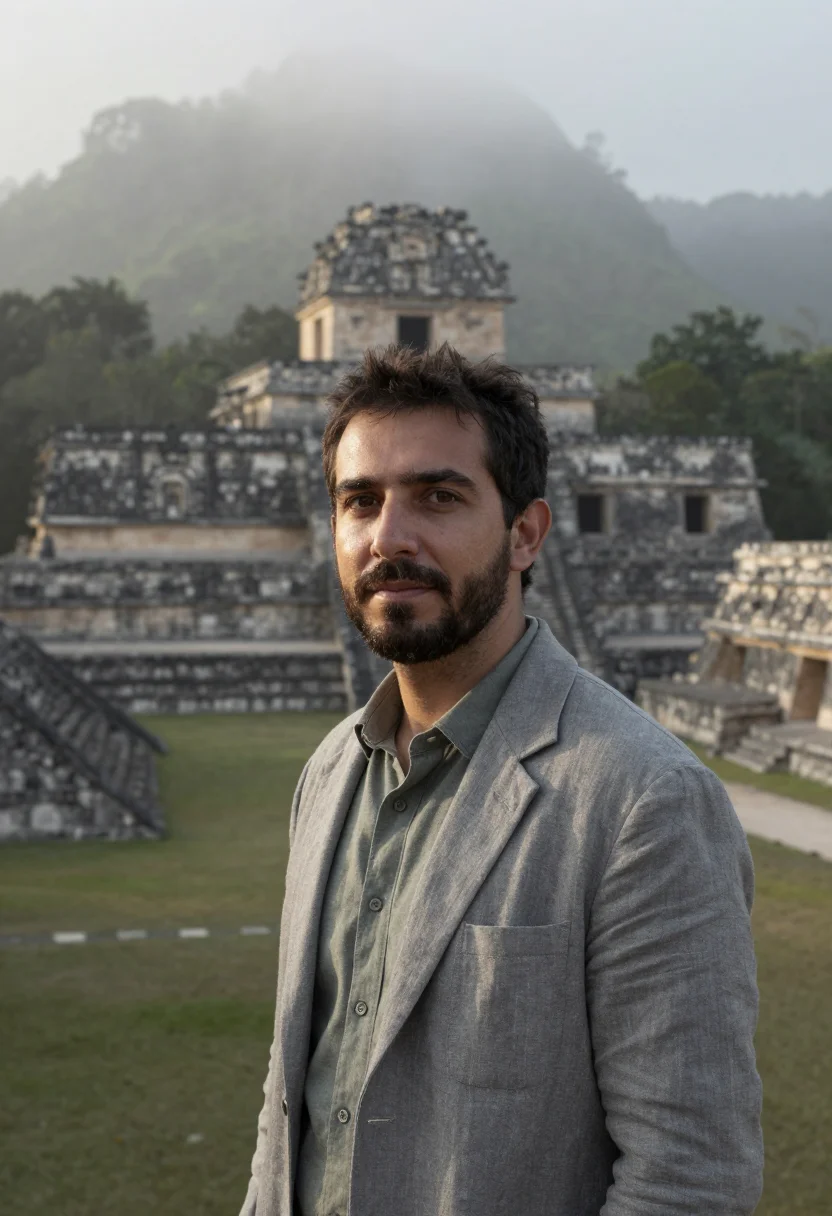 AI palenque archaeologist grey limestone rainforest sample — portrait of a man, a Spanish archaeologist in his early fort