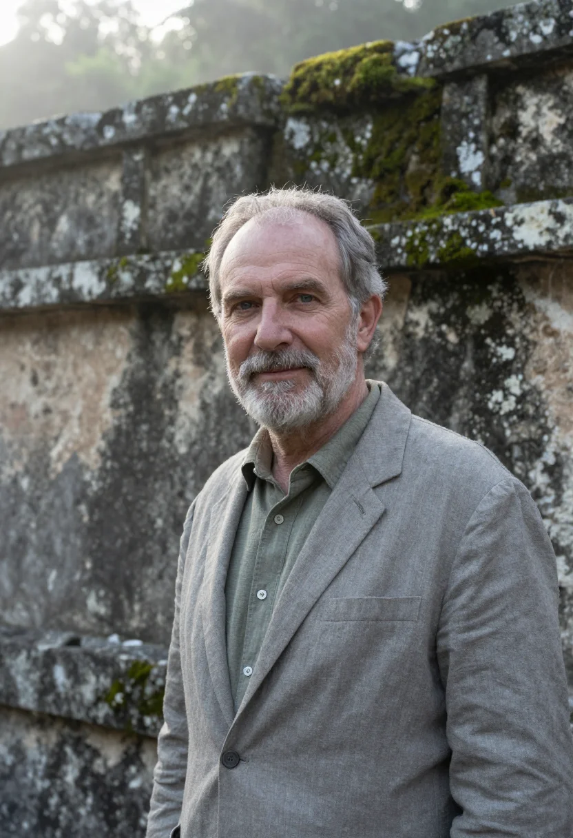 AI palenque archaeologist grey limestone rainforest sample — portrait of a man, a British archaeologist in his late fifti