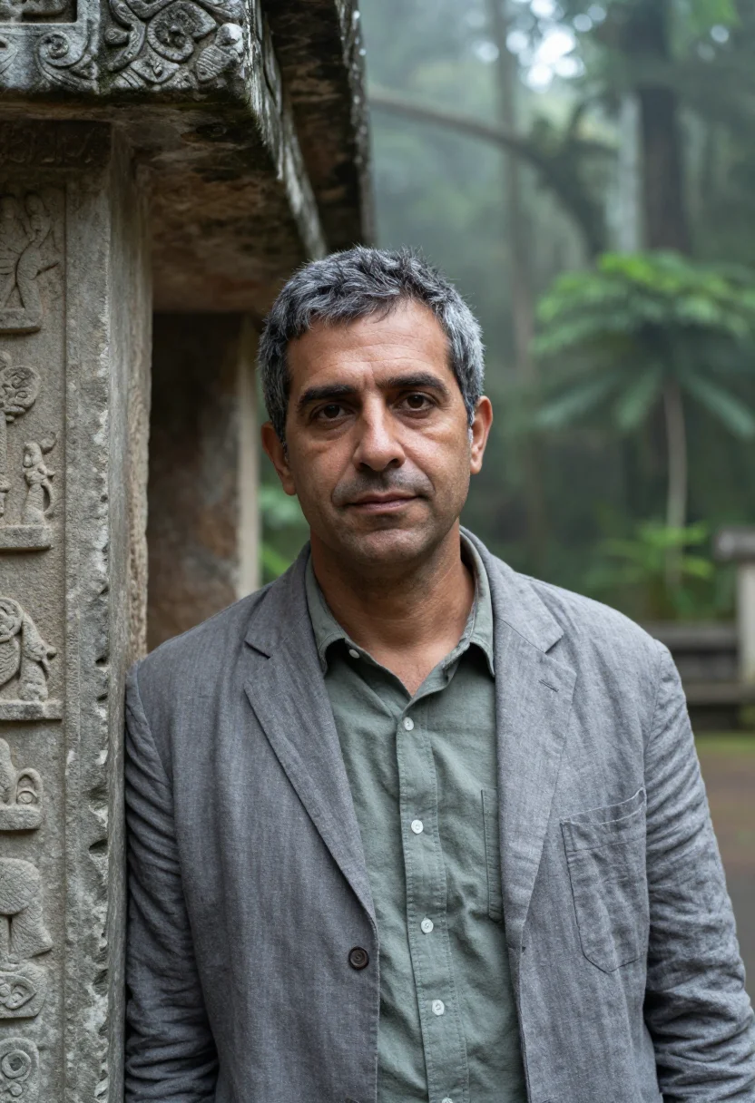AI palenque archaeologist grey limestone rainforest sample — portrait of a man, a French archaeologist in his early fifti