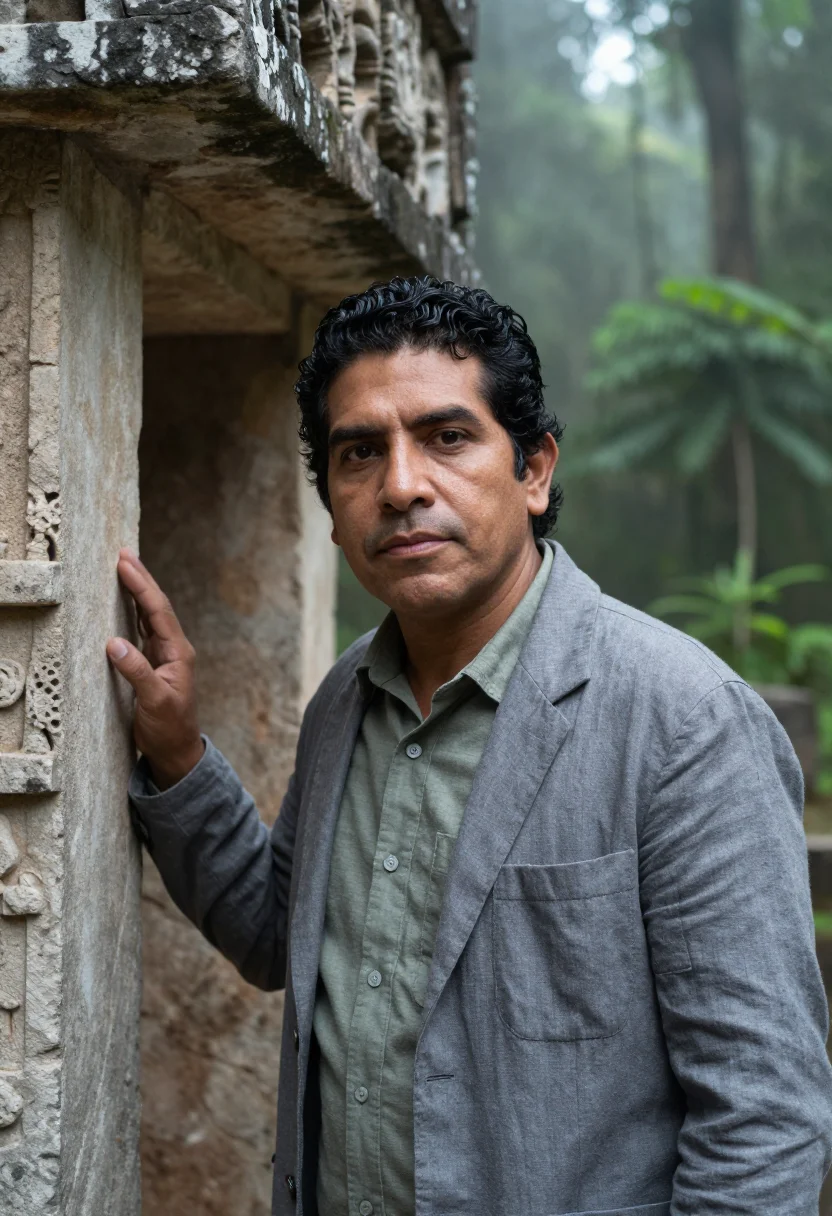 AI palenque archaeologist grey limestone rainforest sample — portrait of a man, a Mexican archaeologist in his late thirt