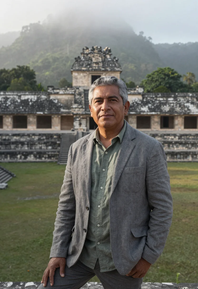 AI palenque archaeologist grey limestone rainforest sample — portrait of a man, a Guatemalan archaeologist in his early f