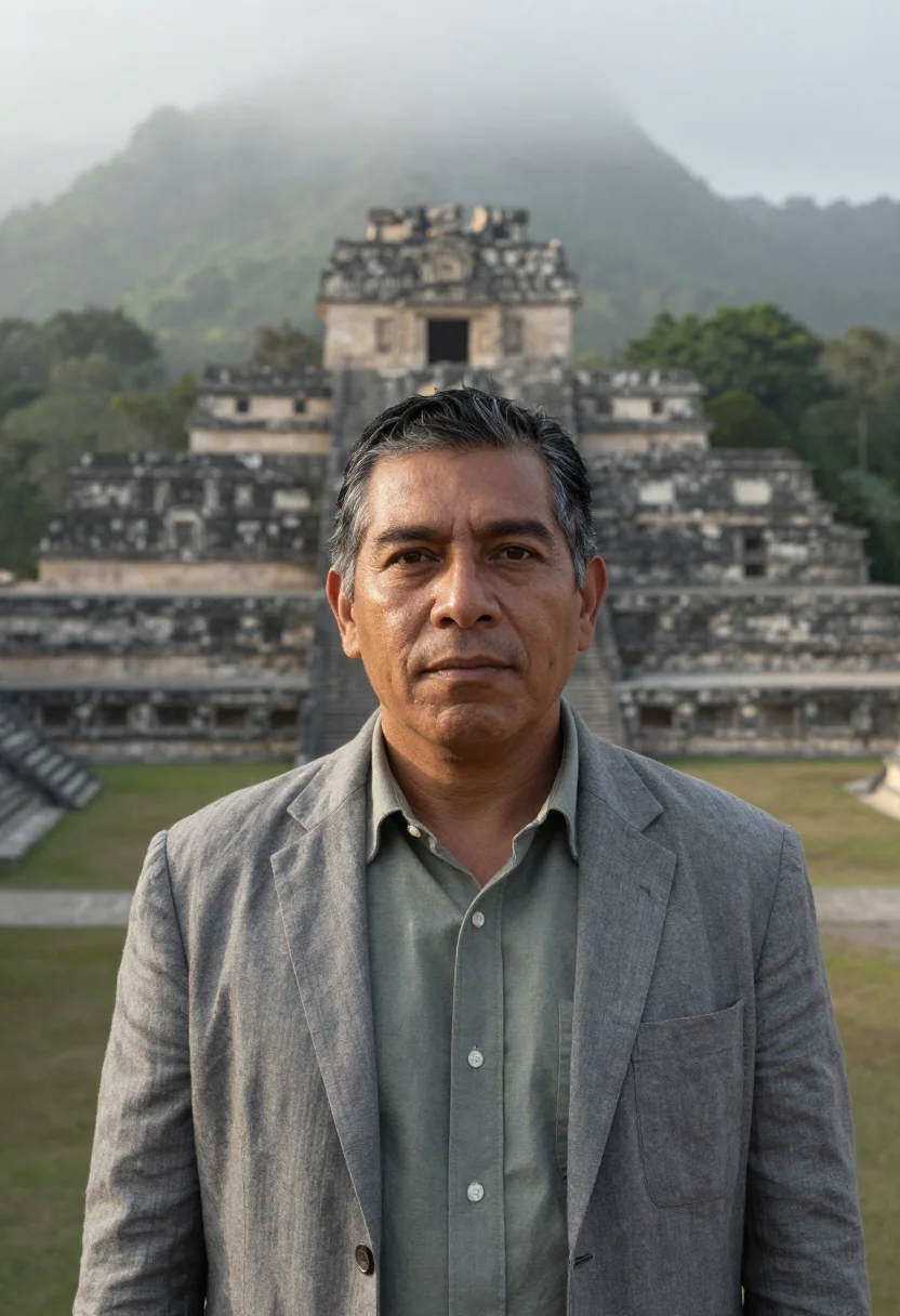 AI palenque archaeologist grey limestone rainforest sample — portrait of a man, a Mexican archaeologist in his mid-fortie
