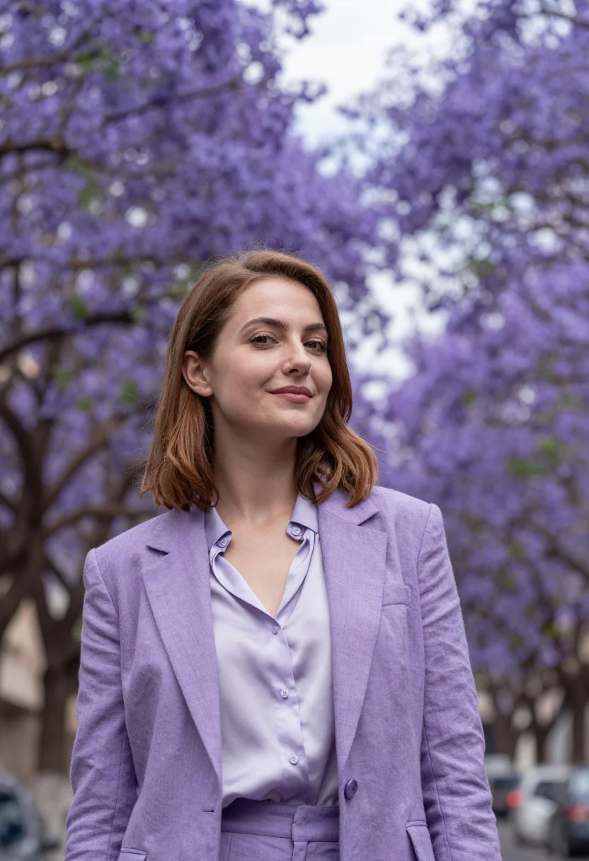 AI palermo interior designer jacaranda violet sample — portrait of a woman, an Italian interior designer in her ear